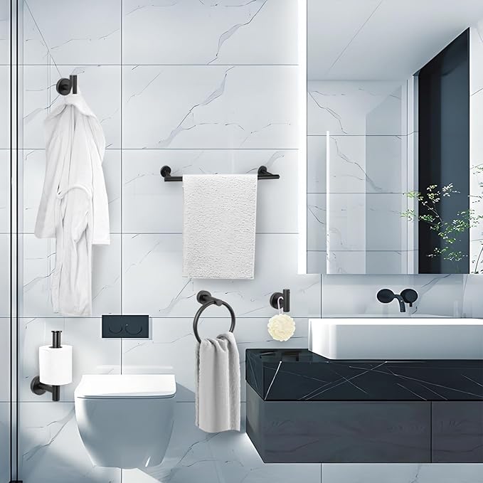 5-Piece Towel Racks for Bathroom, Stainless Steel Bathroom Accessories Set, Bathroom Towel Holder Wall Mounted, Sturdy Bath Towel Bar Set Bathroom Hardware Set (Matte Black)