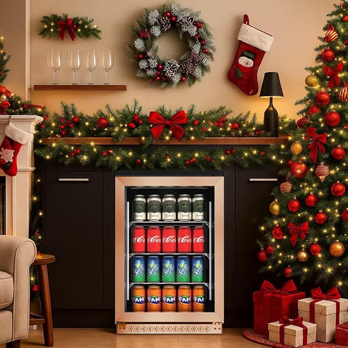 20 Inch Under Counter Beverage Fridge with Glass Door, Beverage Refrigerator Cooler 120 Can,Built in or Freestanding,Fast Cooling,Quiet ≤39 dBs,Blue LED Light Cooler for Bar, Home, Office