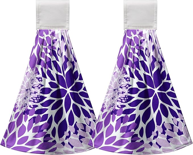Purple Dahlia Hanging Kitchen Dish Towels Floral Hand Towel with Loop Violet Flower Bathroom Tie Towels Soft Absorbent Tea Towel for Bathroom Kitchen Decor Housewarming 12 x 17 Inch