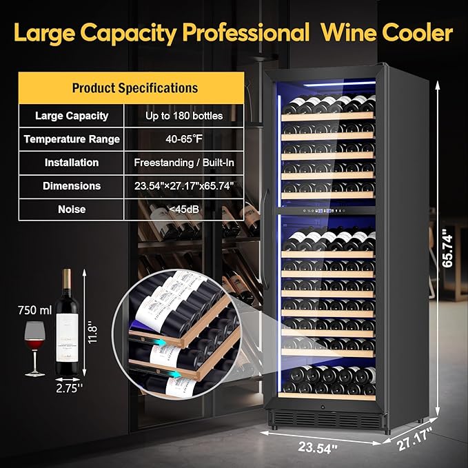 Wine Fridge Dual Zone, Freestanding Wine Cooler Refrigerator 180 Bottles Large Capacity with Sliding Rail Wooden Shelves and Door Lock, Black