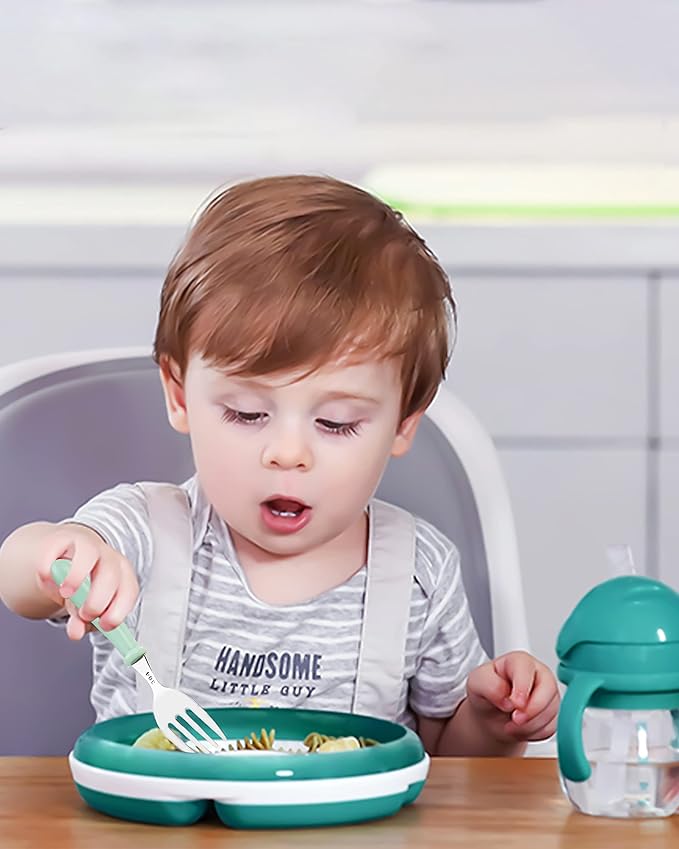 DF DUALFERV 10 pcs Toddler Utensils, Stainless Steel Toddler Silverware Set with Round Handle, Baby Forks for Self Feeding, 5 Forks and 5 Spoons