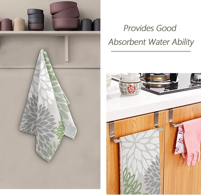 Sage Green Dahlia Hand Towels for Bathroom Set of 2,Absorbent Microfiber Abstract Floral Elegant Kitchen Towels 14"x28",Decorative Modern Flower Bathroom Towels for Bath,Guest,Face,Shower
