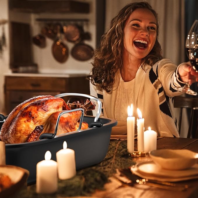 Roasting Pan, 17x13 Inch Nonstick Turkey Roaster with Removable Rack & Cooking Kit,Roaster Pan for Roasting Turkey, Meat & Vegetables (Silver)