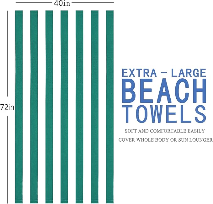 6 Packs Oversized 72X40 Inch Stripe Beach Towel Thin Terry Set Extra Large XL Big Clearance Soft Swim Absorbent Towels Pool Travel Accessories Essentials Camping Blanket Men Women Adults Gift Green