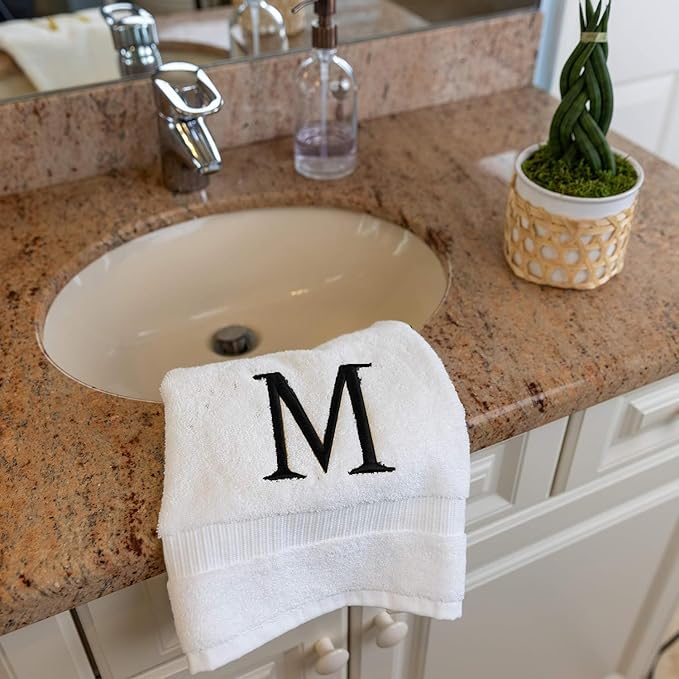 Black Initial Hand Towel for Bathroom - Monogrammed Luxury Hotel Quality Decorative Embroidered Towel for Powder Room, Spa - GOTS Organic Certified - Set of 2 Letter M