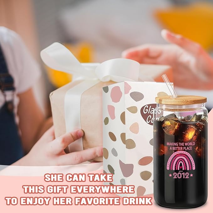 Making the World Better Since 2012" Pink Tumbler, 13th Birthday Gift for Girls, 16oz Inspirational Iced Coffee & Juice Cup, Fun Teen Gift with Positive Message
