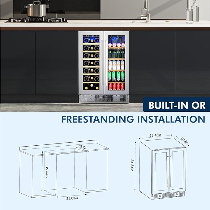 Antarctic Star 24-inch Wine & Beverage Refrigerator with LED Light & Door Lock, Dual-Zone Glass Doors, Smart Touch Panel, 21 Bottles & 88 Cans, Built-in/Freestanding for Home/Offices/Kitchen