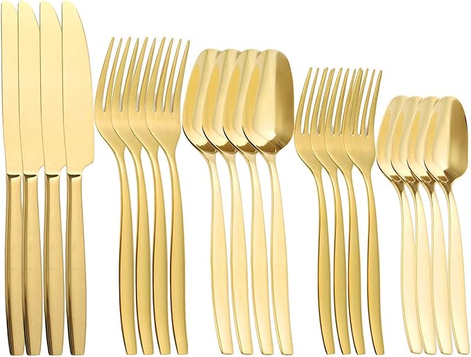 Gold 20-Piece Silverware Set,Stainless Steel Flatware Utensils Cutlery Set for 4,Including Steak Knife Fork and Spoon,Dishwasher Safe,Modern Tableware for Home & Dining