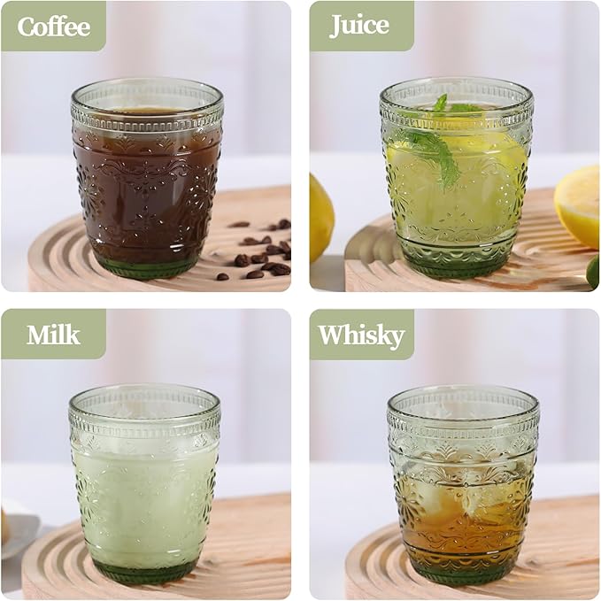 4Pcs Green Drinking Glassware, 10OZ Drinking Glasses, Heavy Duty Glass Cups, Colored Embossed Glasses Set for Party Wedding Home Office Glassesware Gift