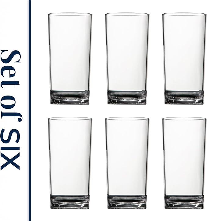 US Acrylic Classic Clear Plastic Reusable Drinking Glasses (Set of 6) 16oz Water Cups | BPA-Free Tumblers, Made in USA | Top-Rack Dishwasher Safe