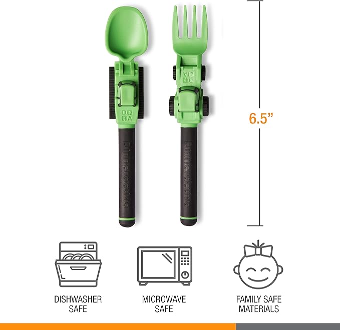 Dinneractive Green Construction Themed Toddler Utensil Set 2-Piece Set Loader & Tractor Toddler Spoons and Forks