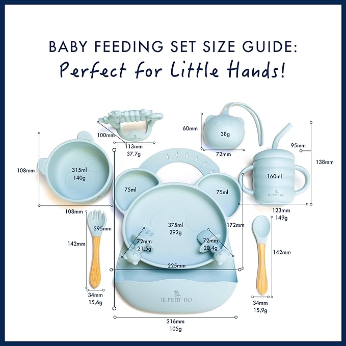 Silicone Baby Feeding Set - Complete Baby Led Weaning Supplies with Non-Toxic Silicone Bibs, Suction Plates, Suction Baby Bowl, Sippy Cup, Baby Spoons and Fork, Toddler Utensils (Baby Sky)