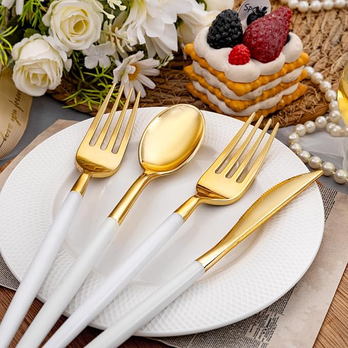 SUT Gold Plastic Silverware, 160Pcs Gold Utensils Set Disposable, 80 Gold Plastic Forks, 40 Gold Knives, 40 Gold Spoons, Gold Plastic Cutlery for Parties, Dinners, Weddings(White Gold)