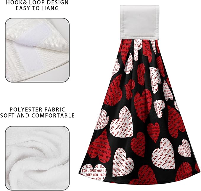 Valentines Day Hand Tie Towel I Love You Heart Hanging Kitchen Towels White Black Valnetine's Love Dish Tea Towels with Hanging Loop Absorbent Practical Bathroom Kitchen Decor