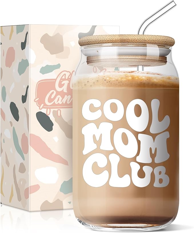 AGOT Mother’s Day Gifts for Mom - Funny Mom Gifts from Daughter or Son, Mom Birthday Gifts Ideas, Christmas Day Gifts for Mother in Law Step Bonus New Mom, Cool Mom Club 16 Oz Coffee Glass