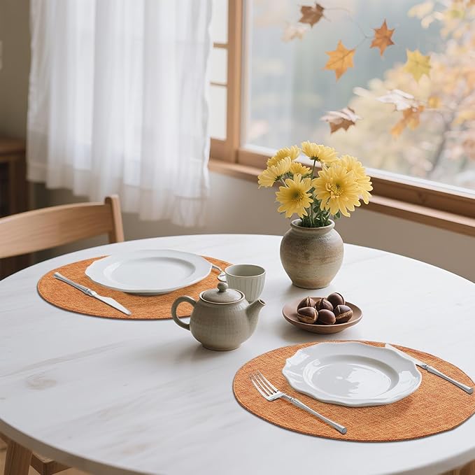 homing 15 Inch Round Cloth Placemats Set of 6, Cotton Linen Blend Washable Table Mats, Farmhouse Dining Place Mats for Indoors & Outdoors, Easy to Clean, Orange