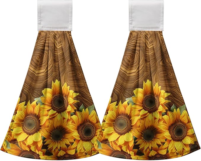 Summer Sunflowers Hanging Kitchen Towels Vintage Brown Yellow Flowers Hand Towel with Hanging Loop Tie Towels Soft Absorbent Dish Tea Towel Decorative for Bathroom Farmhouse Decor