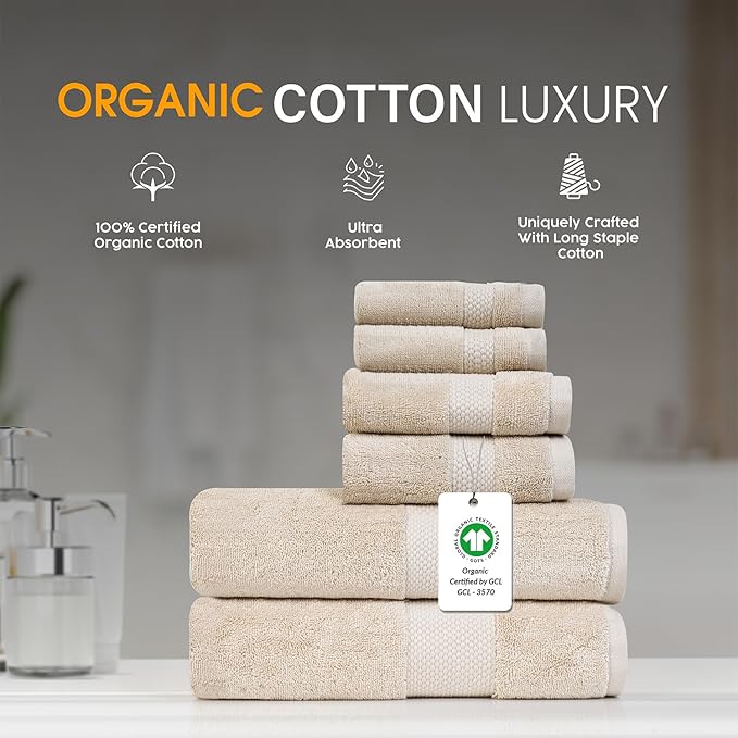 Farm to Home 100% Organic Christmas Bath Towel Set of 6 – GOTS & Oeko-TEX Certified Organic Cotton, Soft, Ultra Absorbent, Quick Dry - Includes 2 Bath Towels, 2 Hand Towels, 2 Washcloths - Sand