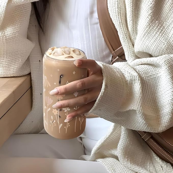 SANDJEST Flower Glass Can, Floral Cup with Lid & Straw, Iced Coffee Aesthetic Cups, Idea Gift for Christmas Birthday Mother Day, Gifts for Women, 16oz