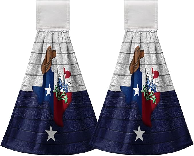 Texas Hanging Kitchen Towels Bluebonnet Navy Blue Gray Hand Tie Towel Texas Stars Dish Towels with Hanging Loop Soft Seasonal Decoration for Bathroom Kitchen