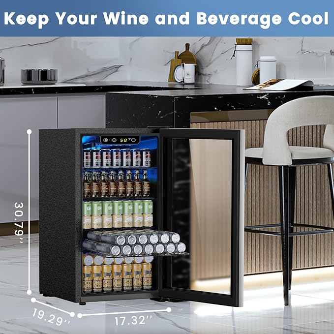 26 Bottle Wine Cooler 130 Can Beverage Refrigerator, Small Freestanding Cabinet Wine Cellar with 40℉-61℉ Temperature Control Glass Door, Black