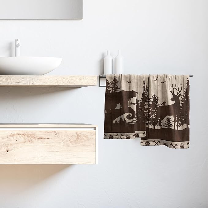 Imiss Cabin Bear Hand Towels Wildlife Forest Moose Deer Bathroom Towels Rustic Farmhouse Decorative Face Guest Washcloth Set of 2 for Home, Kitchen, Gym, Spa