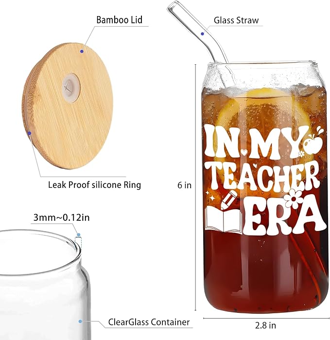 in My Teacher Era Glass Cup with Lids and Straws 14oz, Teacher Appreciation Gifts, Teachers Gifts for Women Glass Iced Coffee Tumbler Drinking Jars with Cleaning Brush
