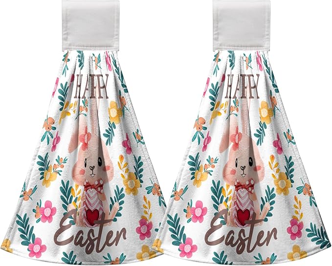 Easter Bunny Hanging Dish Towels 2 Pcs Easter Rabbit Soft Hand Tie Towels Spring Floral Kitchen Towel with Hanging Loop for Bathroom Kitchen Home Decor