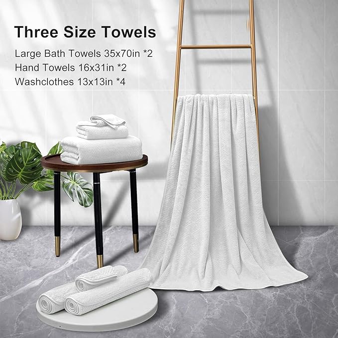 CHINO White Bath Towels Set, 2 Oversized Large Towels/2 Hand Towels/4 Washcloths,Quick Dry Super Soft Absorbent Shower Bathroom Towel Set Hotel Spa Towel (8 Pack)
