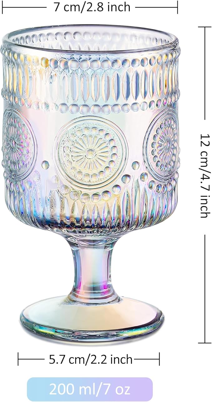 Joeyan Vintage Iridescent Wine Glasses,Embossed Water Goblet Glasses with Sunflower Patterns,Rainbow Beaded Decorative Stemmed Glass Tumbler Cups,Glassware for Party Wedding Anniversary,7 oz,4 pcs