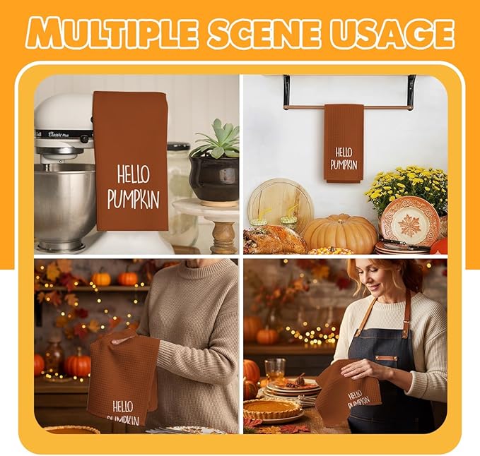 Hello Pumpkin Fall Kitchen Towels,16x23.5 Inch Microfiber Waffle Weave Halloween Kitchen Towels, Autumn Thanksgiving Decor, Seasonal Fall Decorations for Bathroom-C03