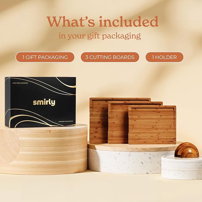 SMIRLY Wood Cutting Boards for Kitchen Wooden Chopping Board Set Reversible with Deep Juice Grooves Grip Handles, Large Charcuterie Tray, New Apartment Essentials, Carbonized Bamboo, 3Pcs with Holder