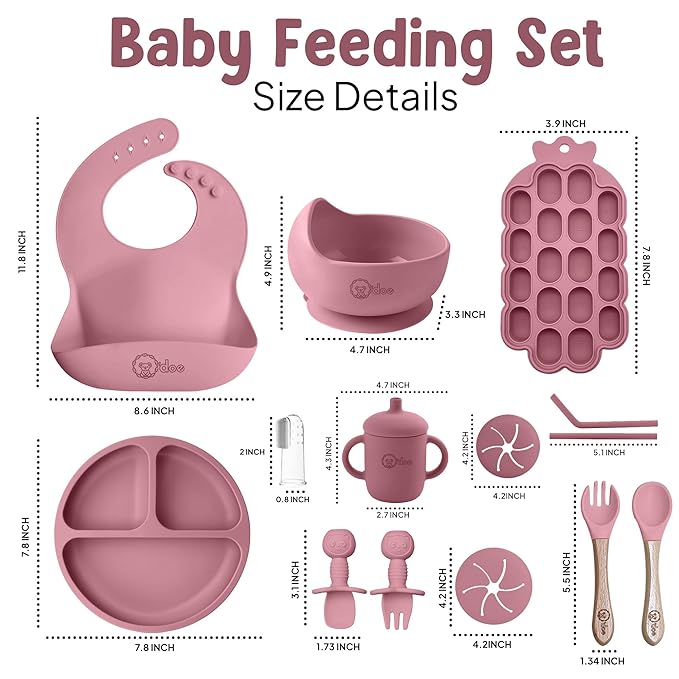 O'doe Baby Weaning Set โ 15 Pcs Silicone Baby Feeding Set with Suction Plate, Bowl, Bib, Sippy Cup, Fruit Feeder, Freezer Tray