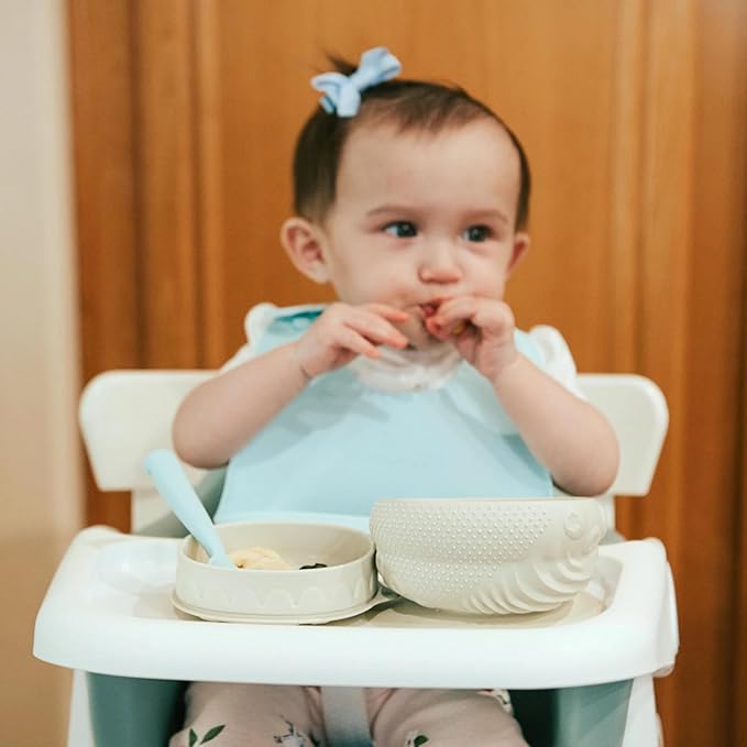 Miniware Sensory Starter Set with Sensory Baby Bowl, Baby Spoon, Roll & Lock Bib - Easy to Clean Baby Feeding Set to Promote Self-Feeding- Toddler Feeding Essentials - Raspberry