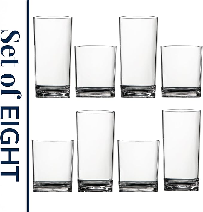 US Acrylic Classic Clear Plastic Reusable Drinking Glasses (Set of 8) 12oz Rocks & 16oz Water Cups | BPA-Free Tumblers, Made in USA | Top-Rack Dishwasher Safe