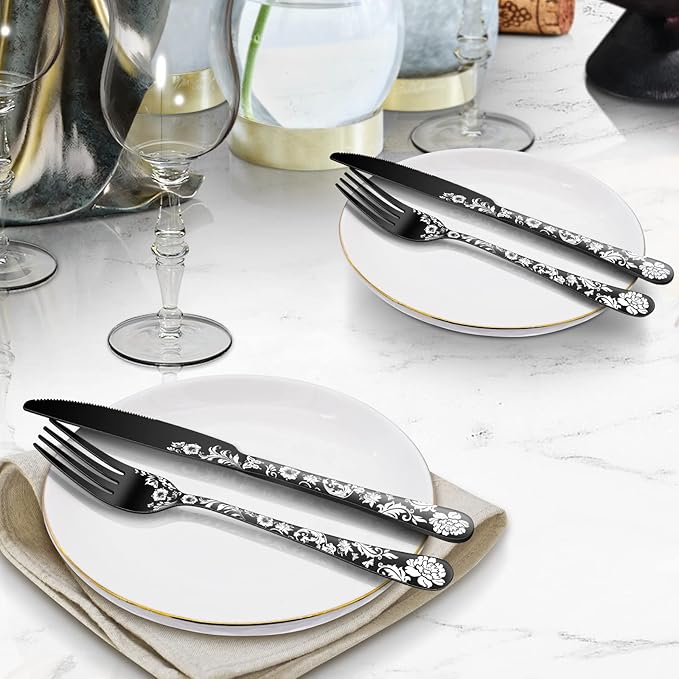 24-Piece Black Silverware Set with Steak Knife, Black Flatware Sets for 4, Stainless Steel Cutlery Set Includes Forks Knives Spoons,Unique Pattern Design,Mirror Polished and Dishwasher Safe