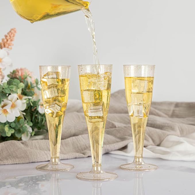 N9R Plastic Champagne Flutes - 100 Count 4.5 Oz Gold Glitter Plastic Disposable Champagne Glasses for Party Wedding Birthday Cocktail Cups