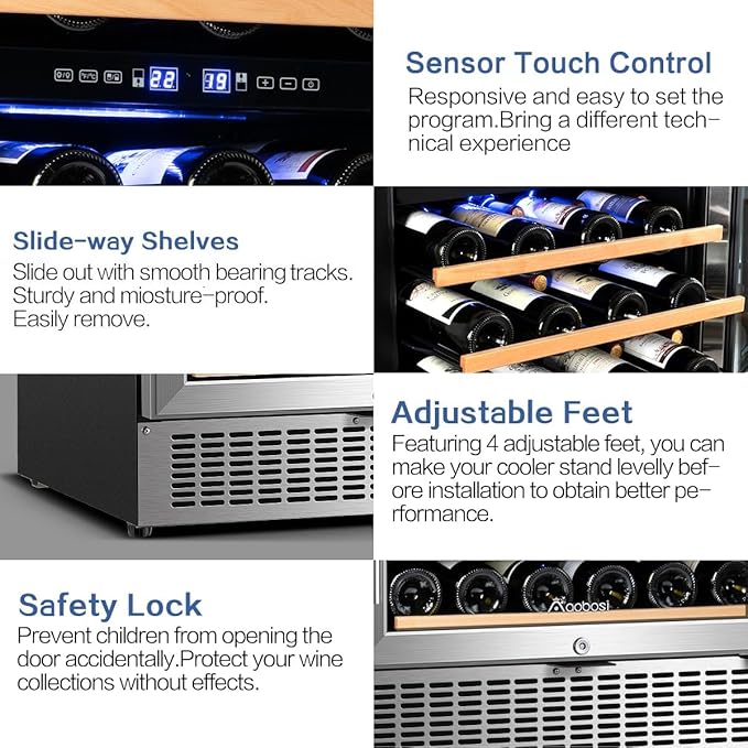 AAOBOSI 24 Inch 51 Bottles Wine Fridge, 41-64.4°F Dual Zone Wine Cooler, 6 Adjustable Shelves,Visualized Temperature Regulation,Temperature Memory Function,Double-Layer Glass Door