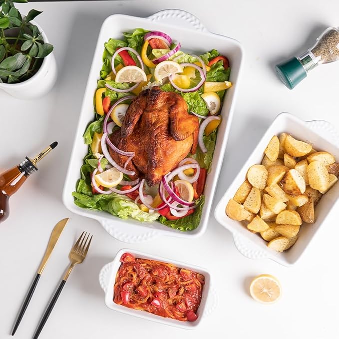 Sweejar Ceramic Baking Dish Lasagna Pans with Trivet, Rectangular Bakeware for Cooking, Kitchen, Cake Dinner, Banquet, 15.3x 9.6 x 2.8 Inches of Casserole Dishes(White)