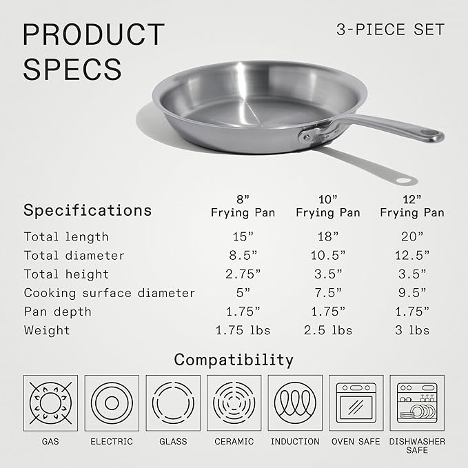 Made In Cookware - 3-Piece (Includes 8",10",12") Stainless Frying Pan Set - 5 Ply Stainless Clad - Professional Cookware - Crafted in USA - Induction Compatible