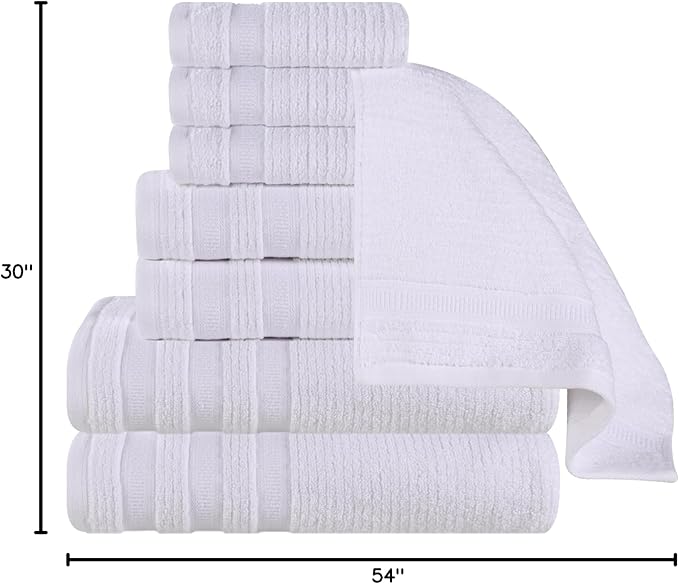 Superior Cotton 8-Piece Towel Set, Zero Twist, Ribbed Geometric, Bathroom Essentials, Shower, Spa, Luxury Plush Soft Absorbent Towels, Includes 2 Bath, 2 Hand, 4 Washcloth/Face Towels, White