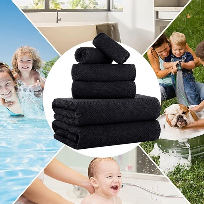 CASA COPENHAGEN Popcorn 6 Pieces Towel Set- Black, 600 GSM 2 Bath Towel 2 Hand Towel 2 Washcloth, Designed in Denmark Made of Soft Egyptian Cotton for Bathroom, Kitchen & Shower