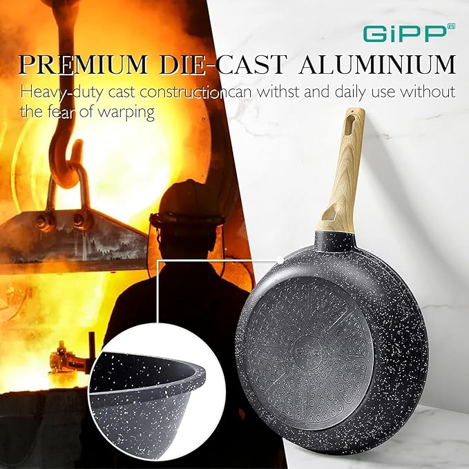 GiPP 21Psc Pots and Pans Set Non Stick - Grey Granite Kitchen Cookware Sets Nonstick Induction Cookware Non-toxic Cooking Pan Set with Silicone Utensils, PFOS and PFOA Free