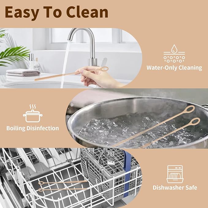 Silicone Straw Cleaner Brush, 2Pcs Reusable Straw Brush Extra Long for Cleaning Tumbler with Handle and Glass Metal Smoothie Straws, Non-slip Handle Soft and Bendable, 6mm+9mm (Khaki)