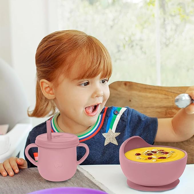 100% Silicone Baby Feeding Set,BPA Free Baby Dishes Set with Suction Bowl Divided Plate,Toddler Self Feeding Dish Set with Spoons Forks Sippy Cup and Bib, Baby Eating Utensils (Coral)