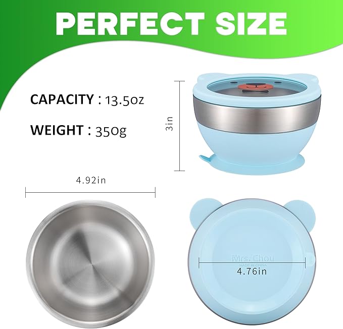 Suction Bowl and Spoon Set for Babies and Toddlers Non-Slip Silicone Suction Cups, Advanced 304 Stainless Steel Bowls, Double-Layer Insulation, and BPA-Free Lids Food-Grade Safety BLUE