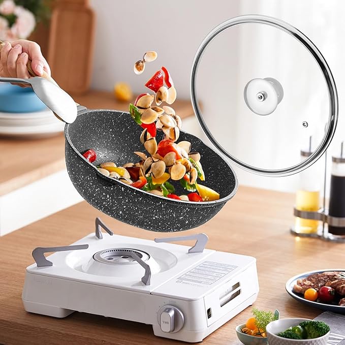 Woogim Universal Lid for Pans 11 Inch with Steam Vent,Silicone Handle Included,4mm Tempered Glass Wide Edge Heat Locking for Cast Iron Skillets, Frying Saute Pan, Cooking Pot