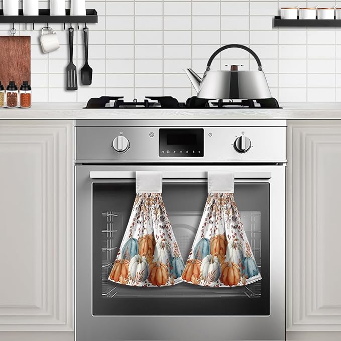 Fall Pumpkins Kitchen Hand Towels with Loop 2 Pcs Autumn Leaves Pumpkin Hanging Dish Towels Soft Absorbent Tie Towel Dishcloths for Bathroom Kitchen Washroom 17 x 12 in