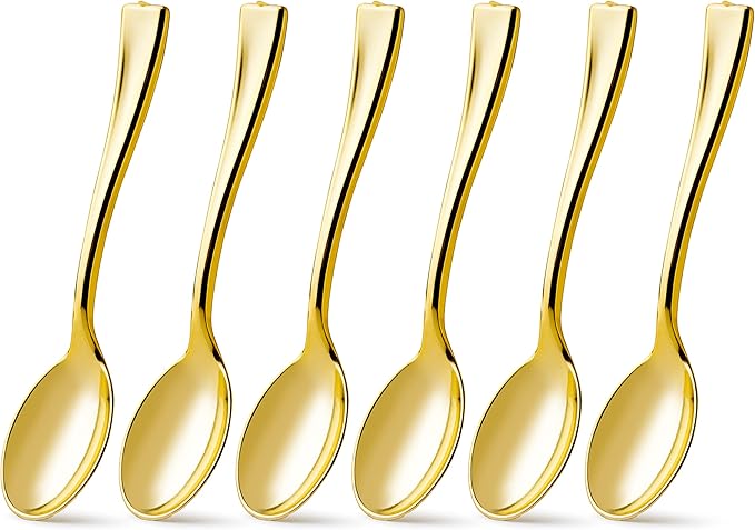 Posh Setting Plastic Mini Gold Spoons, 4 inch Gold Dessert Spoon Disposable, Small Plastic Spoons for Dessert, Tiny Little Appetizer Spoon Golden (80 Pack)