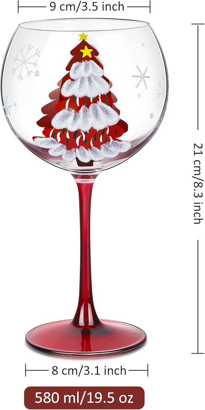 Joeyan Christmas Crystal Balloon Wine Glasses,Hand Painted Large Wine Goblet Glass Cups with Stem,Gin Tonic Cocktail Drinking Glasses with Red Xmas Tree and Snowflakes Patterns,19.5 oz,Set of 2